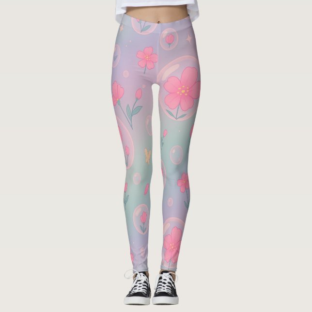 Bubble Bloom Trädgård – Pastell Färgad Blommig Mön Leggings (Framsida)