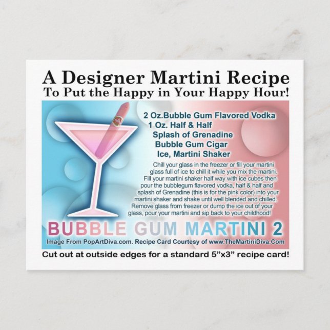 Bubble Gum Candy Martini opus Two Recept Card Vykort (Framsida)