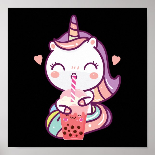 Bubble Kawaii Unicorn Drinking Boba Tea Poster (Framsidan)