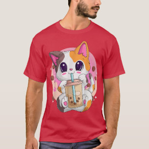 Bubble Tea Cat Anime Shirts for Women, Kawaii Neko T Shirt