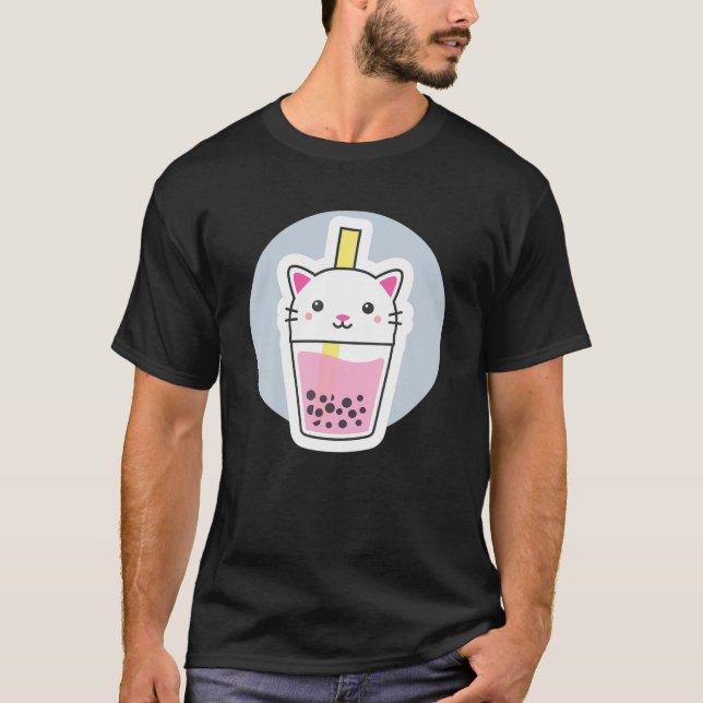Bubble Tea, Cute Kawaii Cat Kitten, japanska T Shirt (Framsida)
