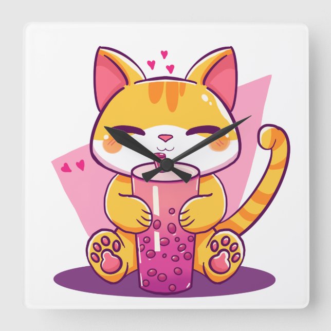 Bubble Tea Kitty Fyrkantig Klocka (Framsida)
