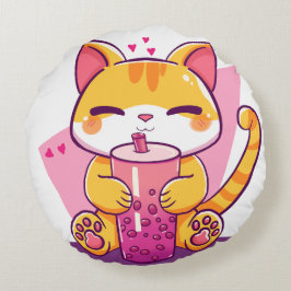 Bubble Tea Kitty Rund Kudde