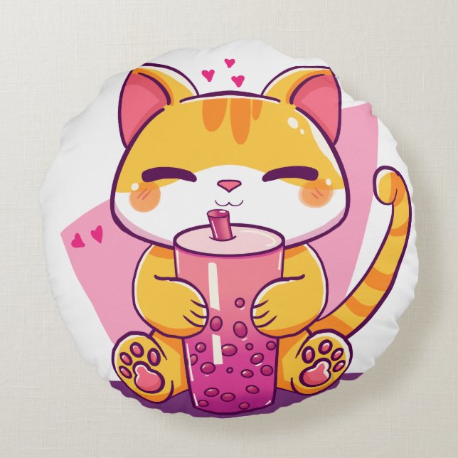 Bubble Tea Kitty Rund Kudde (Baksidan)