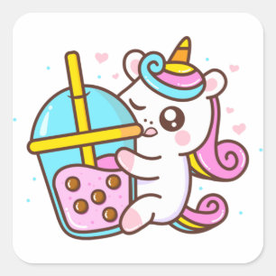 Bubble Tea Loving Unicorn Sticker Fyrkantigt Klistermärke