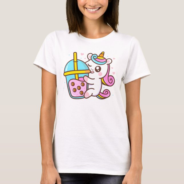 Bubble Tea Loving Unicorn T Shirt (Framsida)