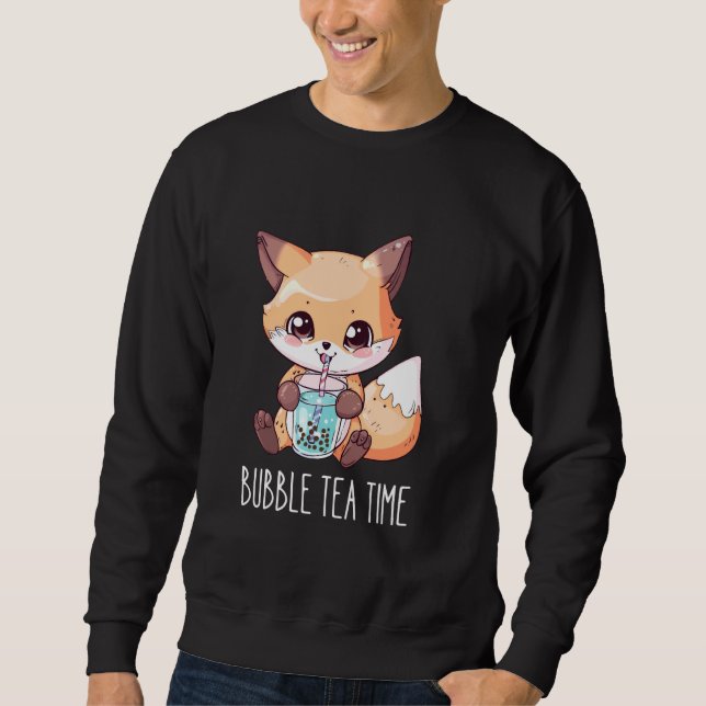 Bubble Tea Time - Cute Fox Drinking Boba Tea Lång Ärmad Tröja (Framsida)