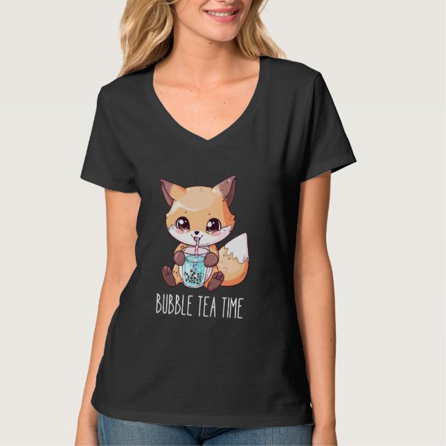 Bubble Tea Time - Cute Fox Drinking Boba Tea T Shirt (Framsida)