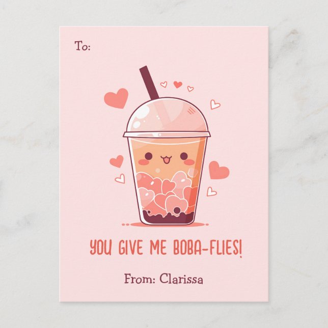 Bubble Tea Valentines day Card Kids Funny Boba Helg Vykort (Framsida)
