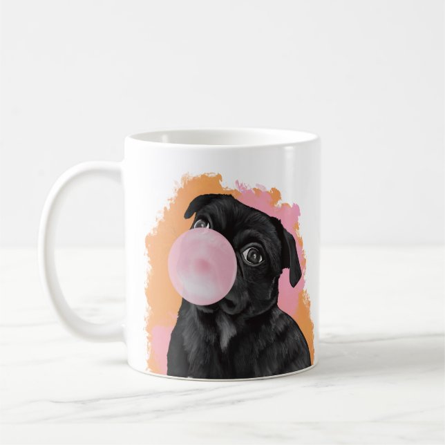 Bubblegum Blowing Black Pug Rosa and Orange Kaffemugg (Vänster)