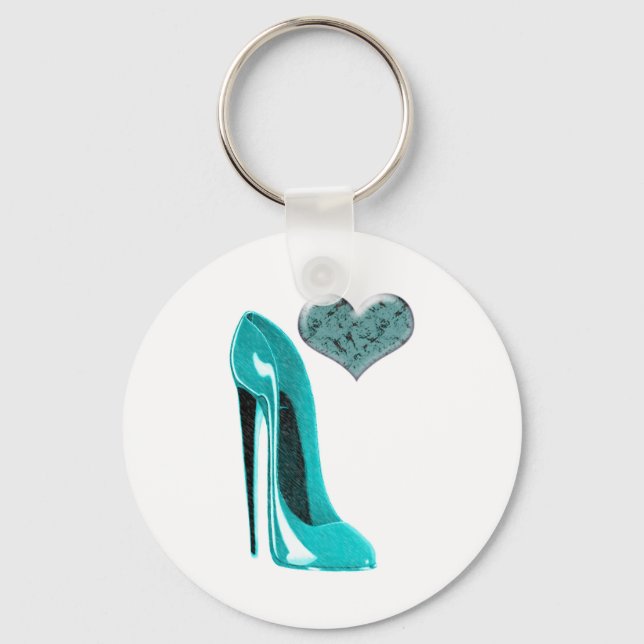 Bubblegum Blue Stiletto Shoe och 3D Heart Art Art Nyckelring (Framsida)