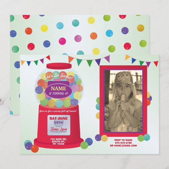 Bubblegum Maskin Birthday Sweets Trefoto Inbjudningar (Fram/baksida)