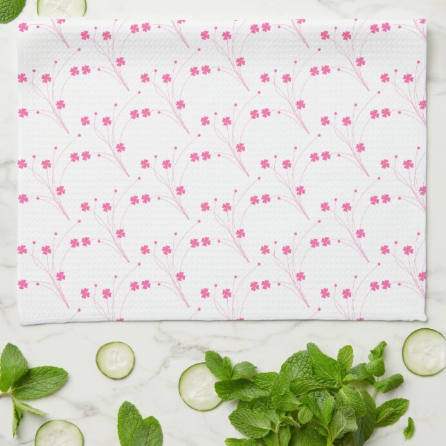 Bubblegum Rosa Flowers, Small Blommigt Print Kitch Kökshandduk (Vikta)