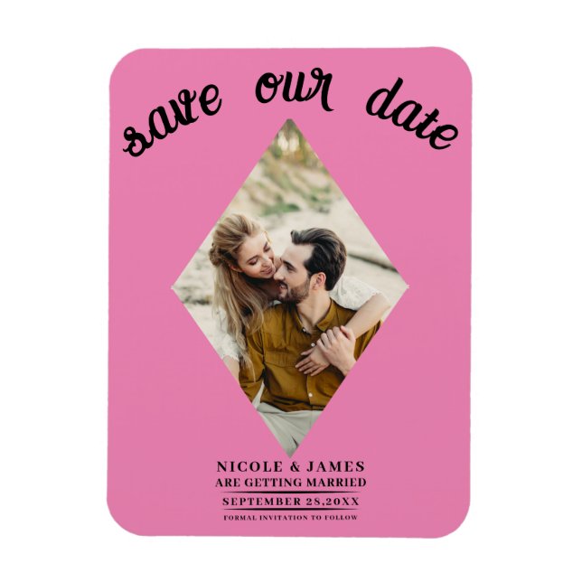 Bubblegum Rosa Foto Bröllop Spara Datumet Magnet (Vertikal)