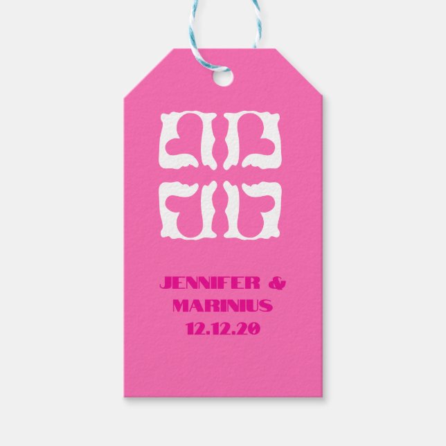 Bubblegum Rosa och Vita Hjärtan Presentetikett (Framsidan)