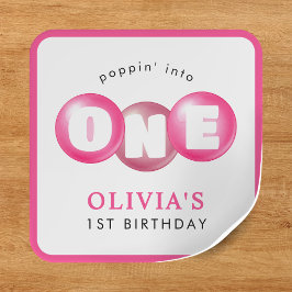 Bubblegum Rosa Poppin Girl 1 Birthday Party Fyrkantigt Klistermärke