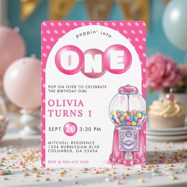 Bubblegum Rosa Poppin Girl 1 Birthday Party Inbjudningar (Bubblegum Pink Poppin' Girl 1st Birthday Party Invitation
)