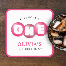 Bubblegum Rosa Poppin Girl 1 Birthday Party Underlägg Papper Kvadrat