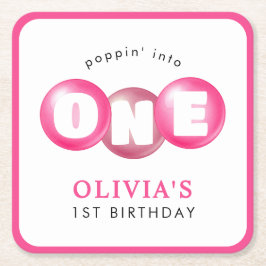 Bubblegum Rosa Poppin Girl 1 Birthday Party Underlägg Papper Kvadrat