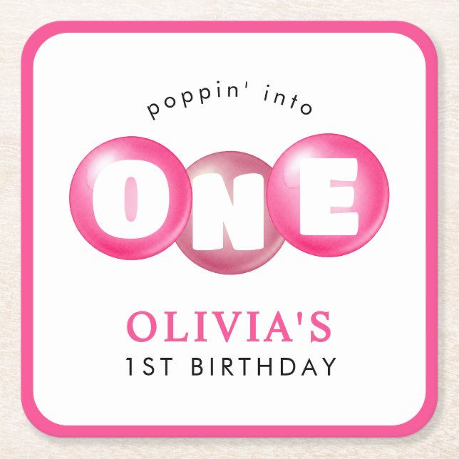 Bubblegum Rosa Poppin Girl 1 Birthday Party Underlägg Papper Kvadrat (Framsidan)