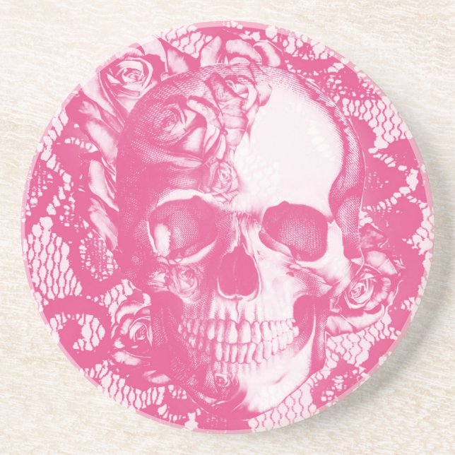 Bubblegum rosa rosskalle på snöre underlägg sandsten (Framsidan)