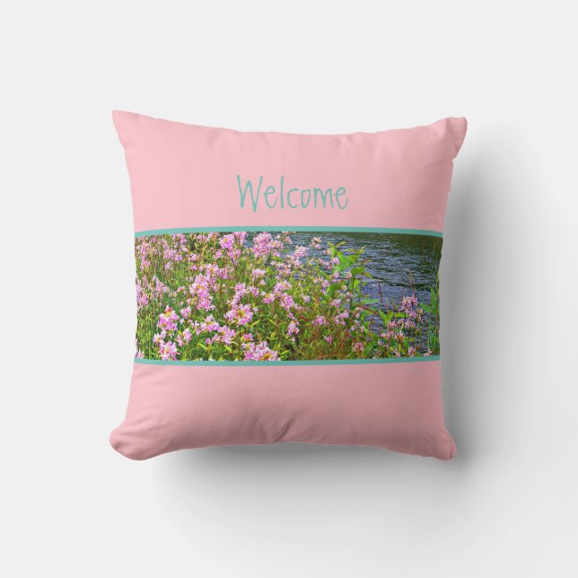 Bubblegum rosa, teal, blommor, välkommen, ord kudde (Framsida)