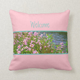 Bubblegum rosa, teal, blommor, välkommen, ord kudde