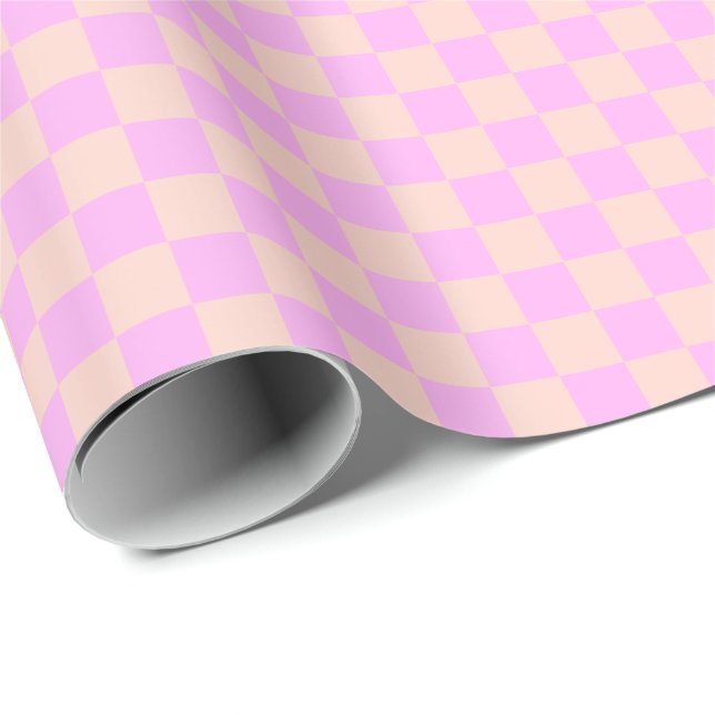 Bubblegum & Soft Peach Checkerboard Presentpapper (Rullad Hörn)