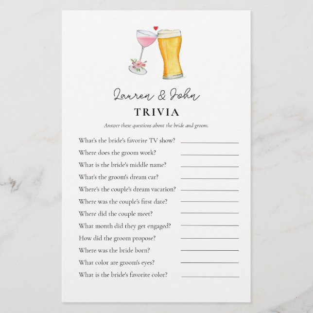 Bubbles and Brew Couple's Shower Trivia-spel (Framsida)