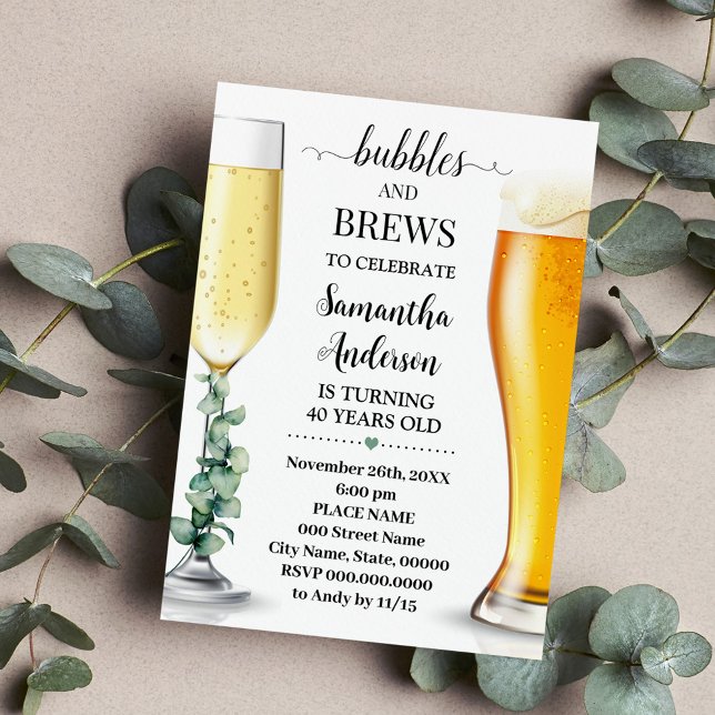 Bubbles and Brews Eucalyptus Greenery Birthday Inbjudningar (Skapare uppladdad)