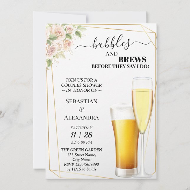 Bubbles and Brews Par Shower-inbjudan för blommigt Inbjudningar (Framsida)