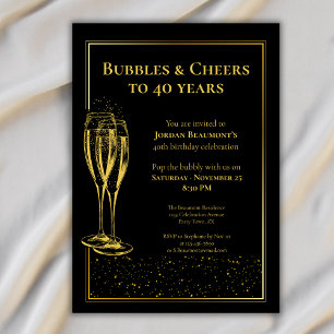 Bubbles and Cheers Black Gold 40-årsfest Inbjudningar