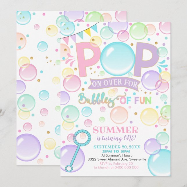 Bubbles Birthday Bubbles of Roligt 1st Inbjudningar (Fram/baksida)