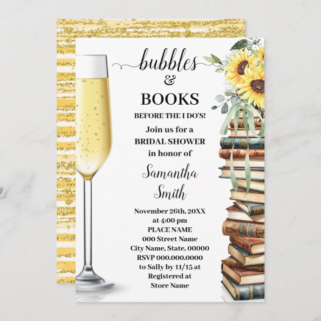 Bubbles & Book Before I do Sunflower Bridal Shower Inbjudningar (Fram/baksida)