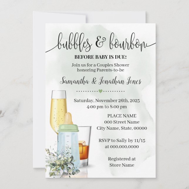 Bubbles & Bourbon before Baby due Greenery Shower Inbjudningar (Framsida)