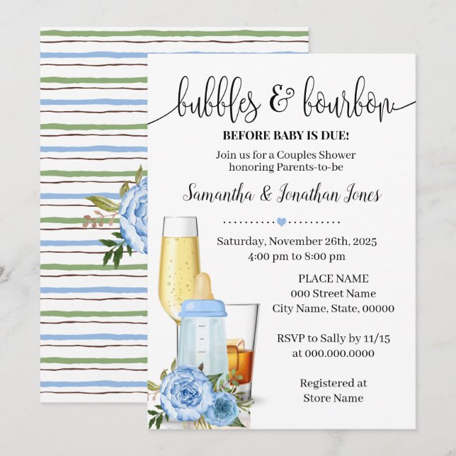 Bubbles & Bourbon före Baby due Blue Baby Shower Inbjudningar (Fram/baksida)