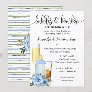 Bubbles & Bourbon före Baby due Blue Baby Shower Inbjudningar