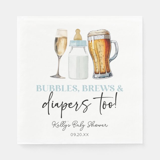 Bubbles Brews and Diapers Too! Baby Shower Pappersservett (Framsidan)
