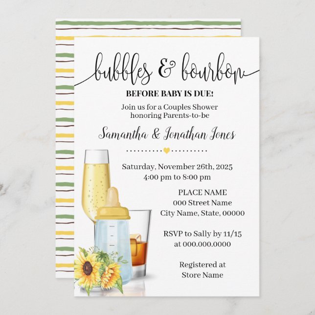 Bubbles & Brews before Baby due Sunblommdusch Show Inbjudningar (Fram/baksida)