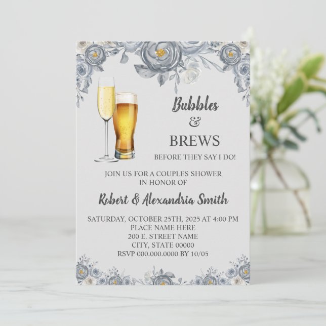 Bubbles & Brews Par Möhippa Grått Blommigt Inbjudningar (Stående Fram)