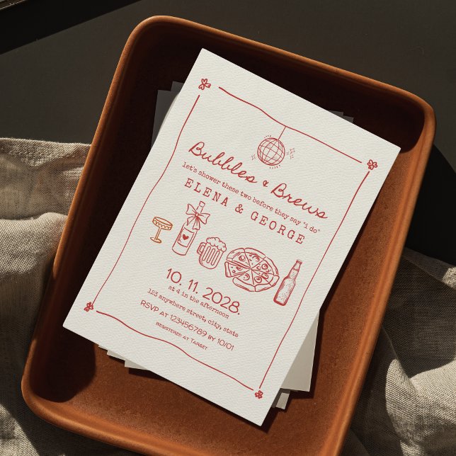 Bubbles & Brews Red Hand plockade Par Shower Inbjudningar (bubbles & brews couple's shower invitation hand drawn informal, funny, quirky, unique aesthetic)