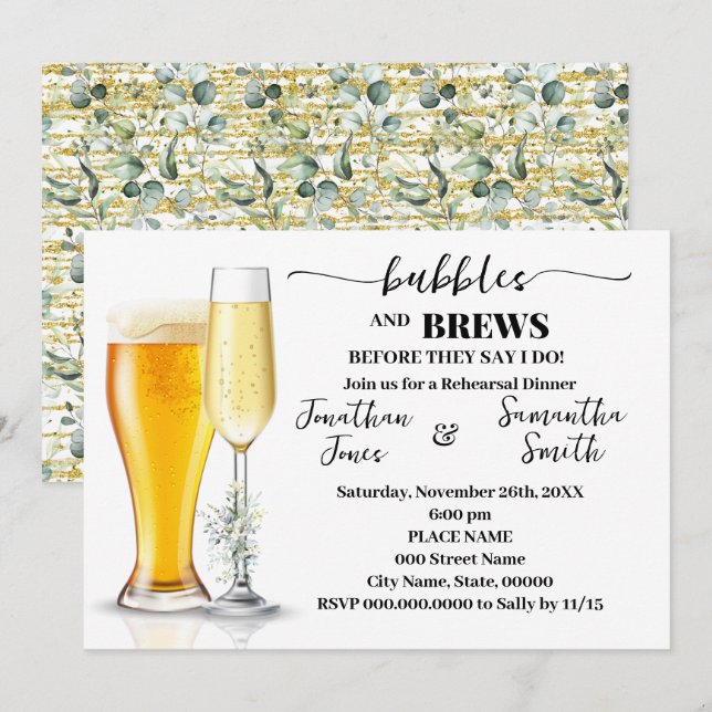 Bubbles & Brews Rehearsal Dinner Eucalyptus & Guld Inbjudningar (Fram/baksida)