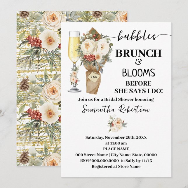 Bubbles Brunch & Bloom Bröllopsdusch Vinterblommor Inbjudningar (Fram/baksida)