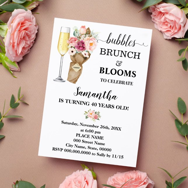 Bubbles Brunch & Blooms Rosa Flowers Birthday Inbjudningar (Skapare uppladdad)
