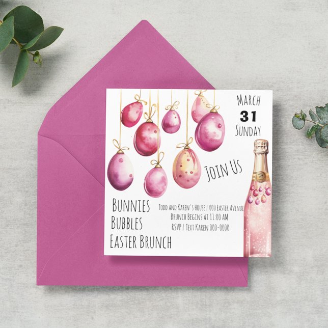 Bubbles, Bunnies och Påsk Brunch Inbjudningar (Customizable Easter Brunch invitation with pink and yellow Easter eggs and bubbly. )