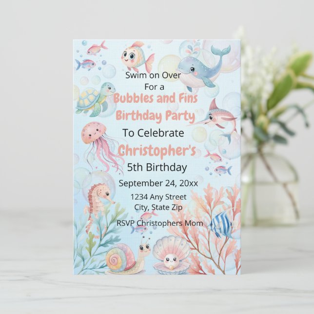 Bubbles & Fins Kids Ocean Birthday Inbjudningar (Stående Fram)