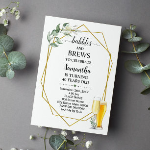 Bubbles och Brews Birthday Greenery Guld Inbjudningar