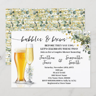 Bubbles och Brews Eucalyptus & Guld Par Shower Inbjudningar