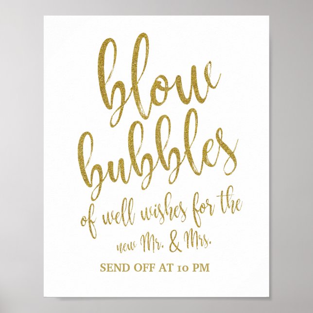 Bubbles Send Off Guld Glitter 8x10 Bröllop Sign Poster (Framsidan)