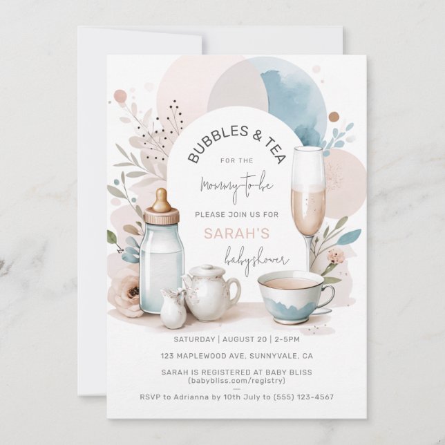 Bubbles & Tea Baby Shower-inbjudan till Mamma att  Inbjudningar (Framsida)